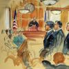 This courtroom sketch depicts Paul Manafort, fourth from right, standing with his lawyers in front of U.S. district Judge T.S. Ellis III, center rear, and the selected jury, seated left