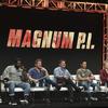 Stephen Hill, from left, Zachary Knighton, Peter M Lenkov, Jay Hernandez, Perdita Weeks, Tim Kang and Eric Guggenheim participate in the 'Magnum P.I' panel during the Television Critics Association