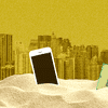 Graphic of an iPhone, computer chip, and skyscrapers rising up from sand.