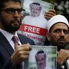  In this Monday, Oct. 8, 2018 file photo, members of the Turkish-Arab Journalist Association hold posters with photos of missing Saudi writer Jamal Khashoggi, 