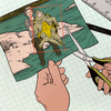 Hands holding scissors, about to cut crop a photograph of a man holding a turtle