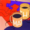 Illustration of two coffee mugs resting on a red and blue district map of North Carolina