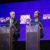 Candidates Sean Patrick Maloney, left and Zephyr Teachout, right, listen as Leecia Eve speaks during the Democratic Primary debate for New York State Attorney General at John Jay College of Criminal J