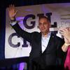 Democratic candidate for California's 39th Congressional District, Gil Cisneros, left, and wife, Jacki, acknowledge the supporters at an election night party Tuesday, Nov. 6, 2018, in Fullerton, Calif