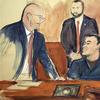 In this courtroom drawing, Joaquin 'El Chapo' Guzman, seated center, speaks to his attorney, Eduardo Balarezo, after a judge denied his request to speak directly to the court