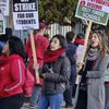 Striking Los Angeles Unified District teachers are joined by parents and students in front of Evelyn Thurman Gratts Elementary School in Los Angeles on Tuesday, Jan. 22, 2019.