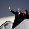 United States Vice President Mike Pence and his wife Karen leave their airplane upon landing at the Munich airport, in Munich, Germany, Friday, Feb. 15, 2019. 