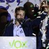 Santiago Abascal, leader of far right party Vox, gestures supporters gathered outside the party headquarters following the general election in Madrid, Sunday, April 28, 2019. 