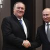 Russian President Vladimir Putin, right, and U.S. Secretary of State Mike Pompeo, pose for a photo prior to their talks in the Black Sea resort city of Sochi, southern Russia, Tuesday, May 14, 2019. 