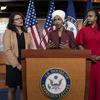 In this Monday, July 15, 2019, file photo, U.S. Rep. Ilhan Omar, D-Minn, second from left, speaks, as U.S. Reps., from left, Rashida Tlaib, D-Mich.,Ayanna Pressley, D-Mass., Alexandria Ocasio-Cortez.