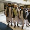  In this May 28, 2019, file photo, Mullah Abdul Ghani Baradar, the Taliban group's top political leader, third from left, arrives with other members of the Taliban delegation for talks in Moscow.