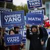 Supports of Democratic presidential candidate businessman Andrew Yang rally before the New Hampshire state Democratic Party convention, Saturday, Sept. 7, 2019, in Manchester, NH.