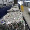 In this Thursday, Oct. 13, 2016, photo, recycled plastic bottles sit on a conveyor belt to be processed at the Repreve Bottle Processing Center.