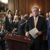 House Minority Leader Kevin McCarthy of Calif., center, is joined by fellow Republican lawmakers as he walks up to the podium to begin speaking during a news conference on Capitol Hill, Oct. 31, 2019.