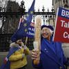 An anti-Brexit campaigner holds a baguette outside Parliament in London, Thursday, Jan. 30, 2020.