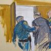 In this courtroom sketch, Harvey Weinstein, center, is led out of Manhattan Supreme Court by court officers after a jury convicted him of rape and sexual assault, Monday, Feb. 24, 2020 in New York. 