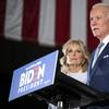 Democratic presidential candidate former Vice President Joe Biden, accompanied by his wife Jill, speaks to members of the press at the National Constitution Center in Philadelphia, Tuesday, March 10, 