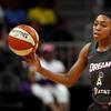 Atlanta Dream guard Renee Montgomery (21) cases the ball in the first half of a WNBA basketball game against the Chicago Sky Tuesday, Aug. 20, 2019, in Atlanta.