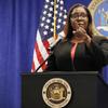 New York State Attorney General Letitia James takes a question from a reporter after announcing that the state is suing the National Rifle Association during a press conference, Thur, Aug. 6, 2020.