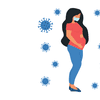 an illustration of a pregnant women wearing a mask with coronavirus particles surrounding her