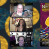 three portraits of people in a video call collaged next to a book cover that reads 'new suns'