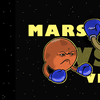 an illustration of the planets mars and venus, anthropomorphized with sneering faces and arms raised with blue boxing gloves on, floating on a black space with white dot stars background