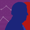 an abstract design of silhouettes of biden and trump with a line graph behind them