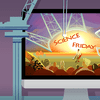 an illustration of tiny cranes next to a computer screen reaching into the screen to disassemble a giant star-like structure that says science friday in the center, in a grassy field. below the sign i