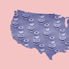 an outline of the united states in blue with a continuous pattern of vaccine vials. the background is a light pink