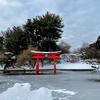 A red Torii gate marking a Shinto shrine in a Japanese style garden a frozen pond and snow with pine trees