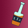 cartoon bottle of moonshine with 'X' on it and brown liquid swishing inside, against a wine-colored paper-textured background