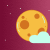 large cartoonish yellow moon with craters behind a fluffy white cloud with twinkling stars in the background, all against a wine-colored and paper-textured background