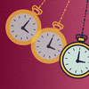 cartoonish yellow watch hanging from a chain fading across the frame to demonstrate that it's swinging back and forth against a wine-colored papery background