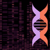 an illustration of a double helix dna in purple and orange. in the background are dna sequence bars