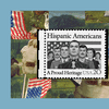 A 20-cent postage stamp featuring an illustration of seven Hispanic Americans standing in front of an American flag. According to the National Postal Museum, “The Hispanic Americans stamp design featu