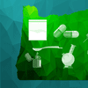 an abstract design of the state of oregon with illustrations of mushrooms, a baggie of cocaine, syringe, spoon over a lighter, pills, and a bong in the center of the state