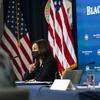 Vice President Kamala Harris, left, and White House Domestic Policy director Susan Rice, participate in a roundtable discussion highlighting the disparities that Black women face in maternal health.