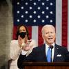 Vice President Kamala Harris, and House Speaker Nancy Pelosi of Calif., stand and applaud as President Joe Biden addresses a joint session of Congress, Wednesday, April 28, 2021