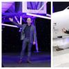 Jeff Bezos with a model of Blue Origin's Blue Moon lunar lander in Washington, left, and Richard Branson with Virgin Galactic's SpaceShipTwo space tourism rocket in Mojave, Calif.
