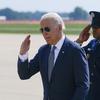 President Joe Biden salutes as he steps off Air Force One, Friday, July 9, 2021, at Delaware Air National Guard Base in New Castle, Del. Biden is spending the weekend at his home in Delaware. 