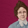 old timey portrait of a woman with a brown bun, glasses, slight smile, and a high-collared dress against a wine-colored paper-textured background