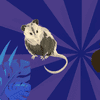 an illustration of an opossum on the left and an aye-aye on the right on a purple striped background with leaves in the corner