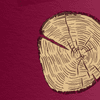 cartoonish slice of wood featuring tree rings against wine-colored and paper-textured background