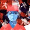an abstract illustration of two illustrated nurses, one black, the other south asian, on a grungy messy abstract american flag