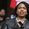 In this Oct. 1, 2018 file photo, Boston City Councilor Ayanna Pressley speaks at a rally at City Hall in Boston.