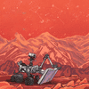 a red-tinted martian landscape with rocks in the foreground and mountains in the background, featuring stars and two moons in the sky, with a rover on the planet in the foreground using its mechanical