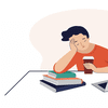 an illustration of a person slumping over at a desk, tired, holding a coffee cup with a stack of three books and a laptop on the desk