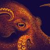 An illustration of an orange octopus with a dark purple sea background