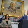 President Joe Biden speaks about abortion access during an event in the Roosevelt Room of the White House, Friday, July 8, 2022, in Washington. Vice President Kamala Harris looks on at left. 