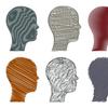 6 heads, 2 rows of 3, filled with different colored scribbly lines and patterns.